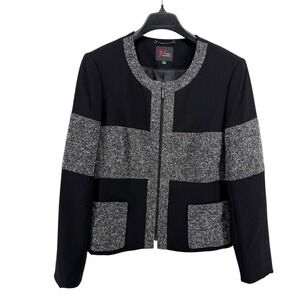 JM Studio by John‎ Meyer Womens 16 Pre-Owned Black Tweed Trim Zip Jacket Blazer